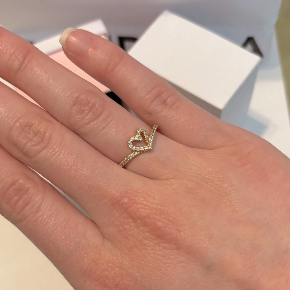 Pandora- Cubic Zirconia/Gold Heart shaped diamond sterling silver ring. Size 6.